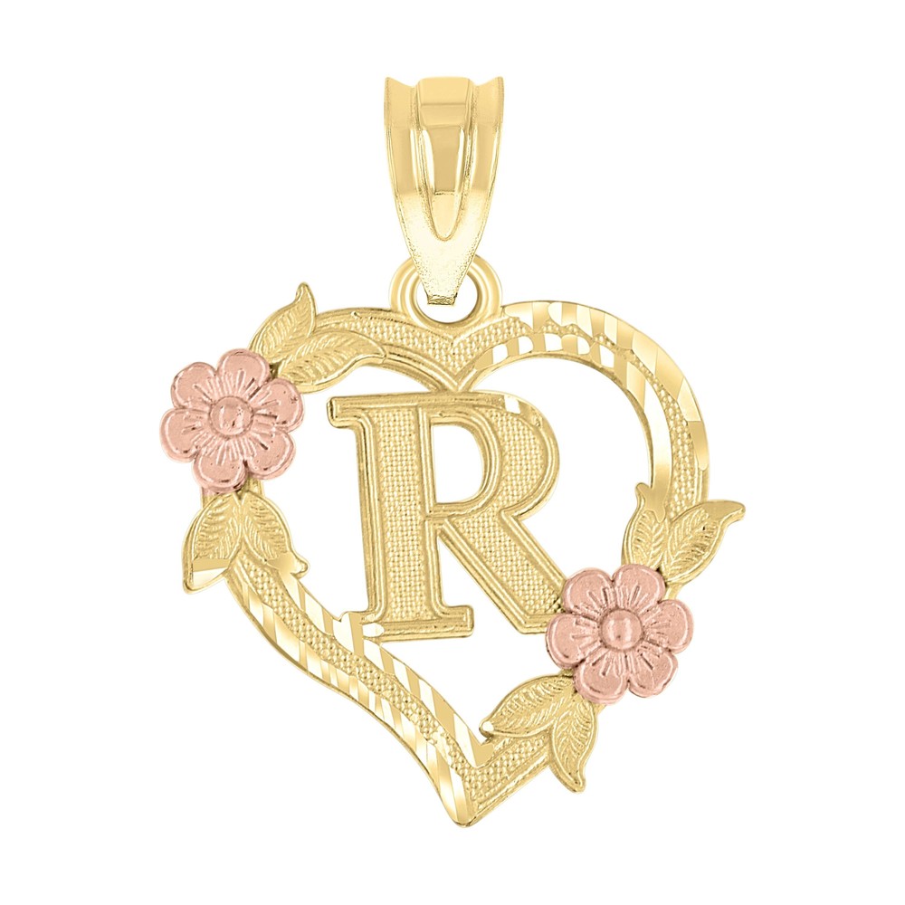 10kt 10k Two-Tone Gold Womens Heart Flower Initial Letter R Charm Pendant